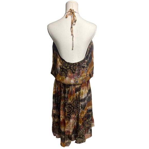 Vintage Y2K 100% SILK Halter Mini Dress Size 14 Open Back Lined Boho Browns - Picture 3 of 13